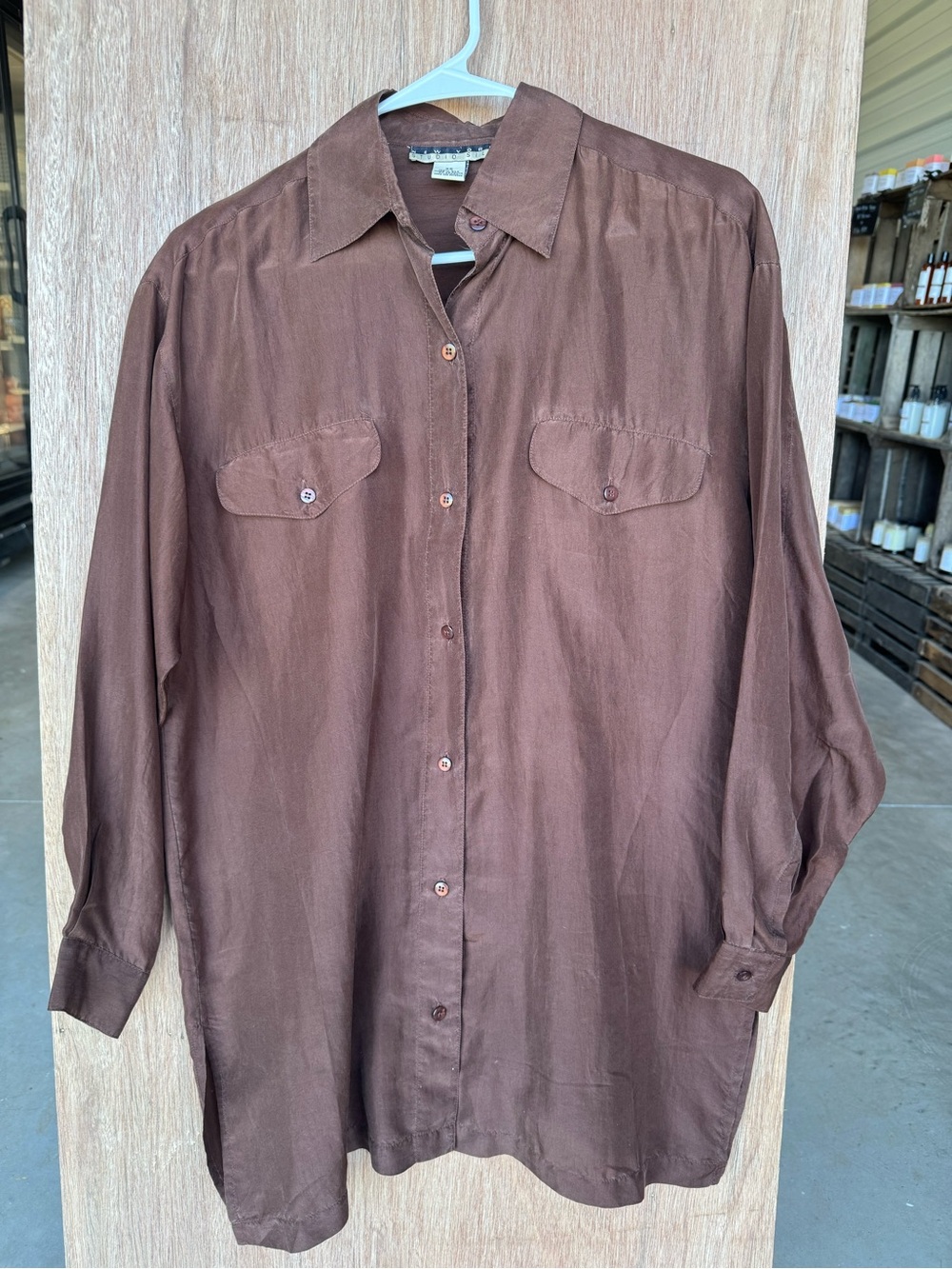 Vintage 100% Silk Women’s Brown Button-Down Long Sleeve Shirt